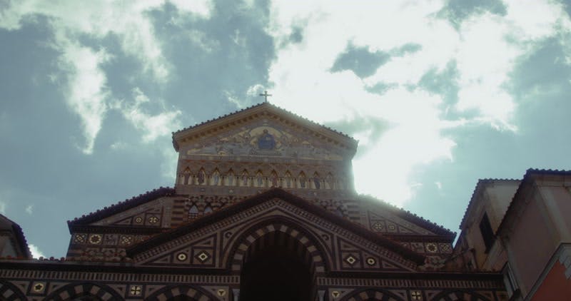 church entrance on cloudy day