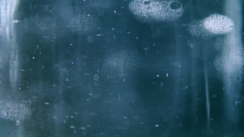 cloudy white particles slowly falling through a dark blue background 
