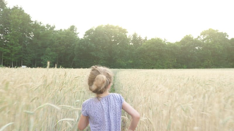 blonde girl runs through a path in the wheat field in a purple dress