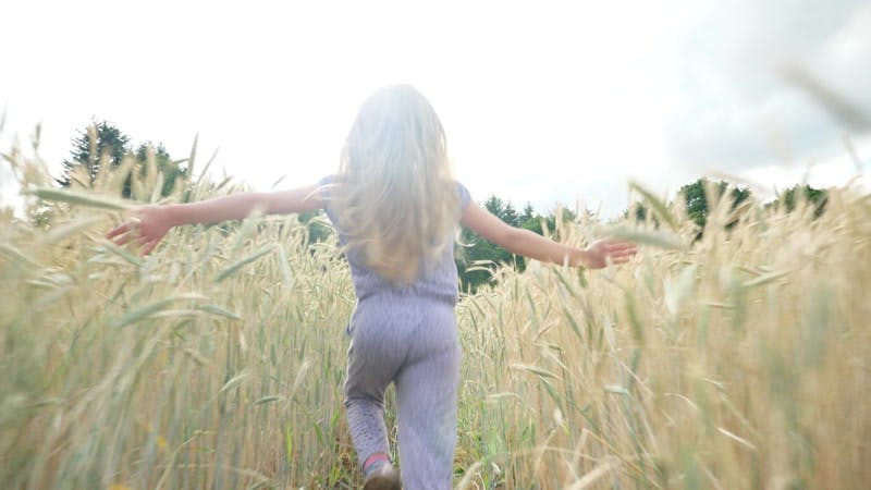 girl in purple runs through sunny grain field