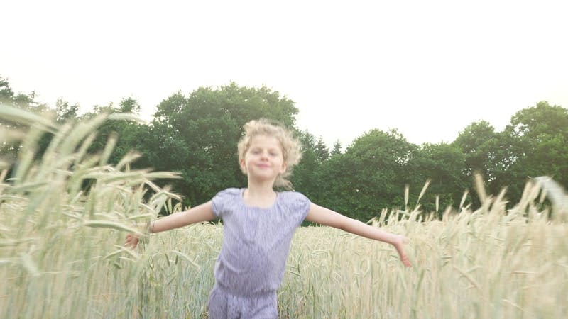 blonde girl in purple dress runs through the wheat field smiling in the sun