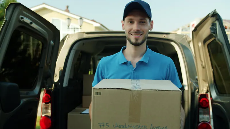 Boxes, Smile, Looking At Camera, Delivery Man by VITALY GARIEV – Stock ...