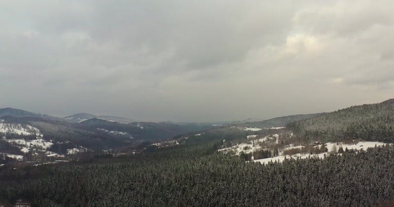 snowy woods and hills aerial 